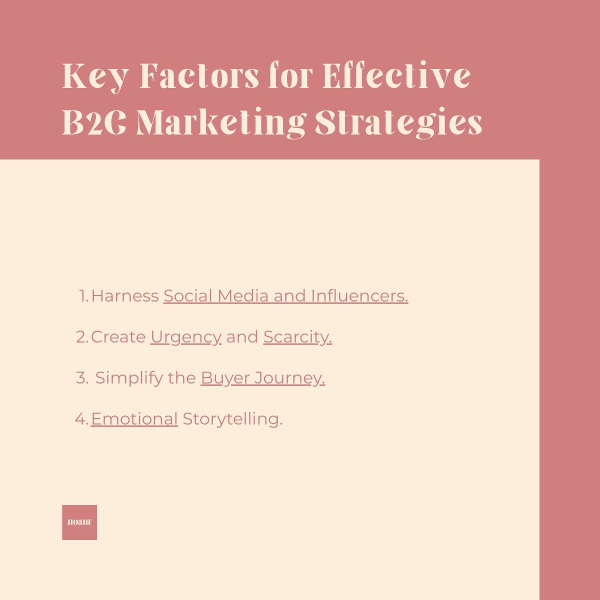 List of four tips for successful B2C marketing, including social media, urgency, simplified buyer journey, and emotional storytelling.