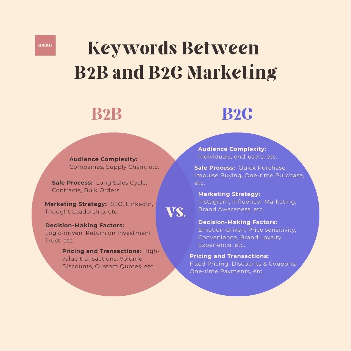 Infographic comparing B2B and B2C marketing strategies, including audience, sales process, marketing tactics, decision-making factors, and pricing.