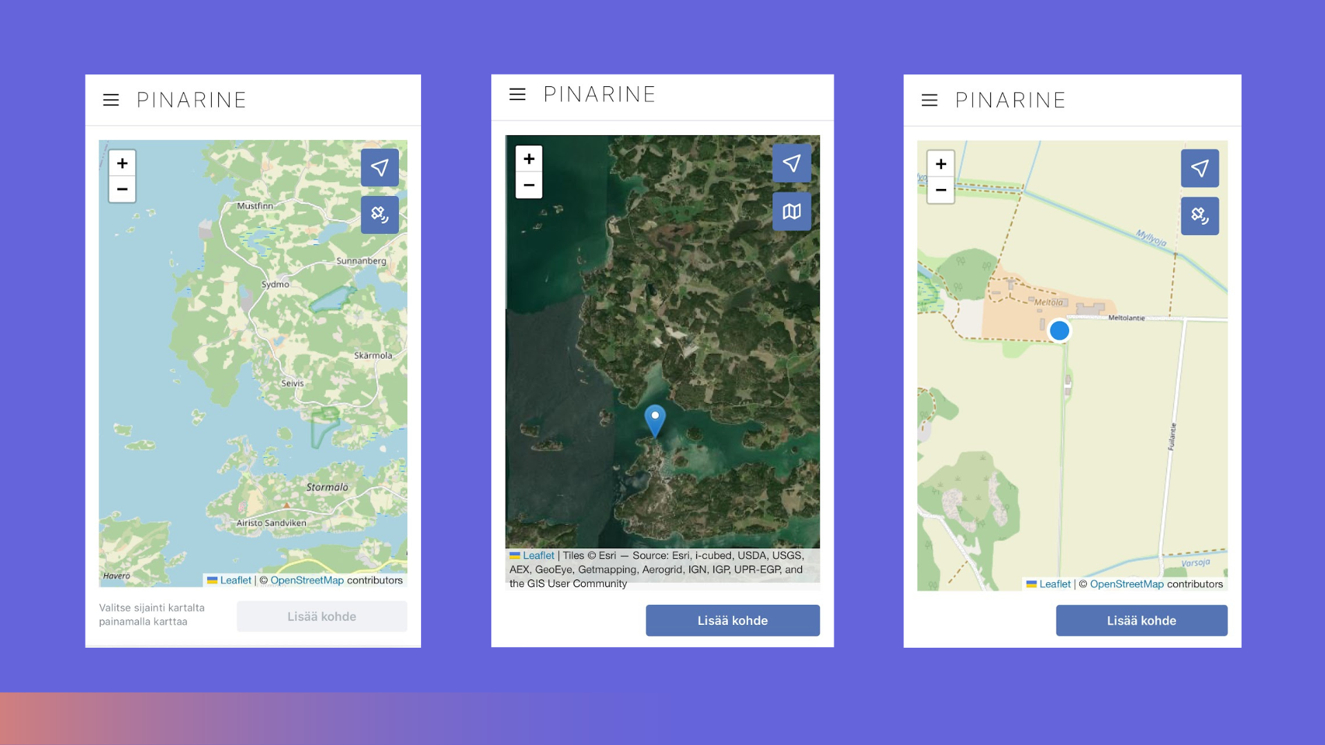 Image contains three screenshots of PINARINE web application
