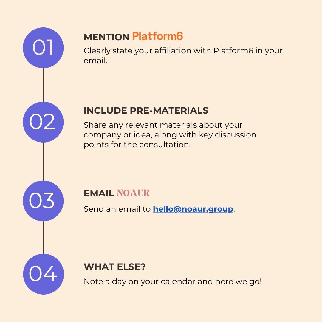Infographic with four steps guiding Platform6 users to consult with Noaur. Step 1: 'Mention Platform6' - clearly state your affiliation. Step 2: 'Include Pre-Materials' - share relevant company or idea materials. Step 3: 'Email Noaur' - contact hello@noaur.group. Step 4: 'What Else?' - mark a calendar date. Features a vertical timeline with circular markers and text on a beige background.